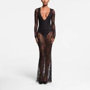 SKIMS Black Long Sleeve Lace Dress